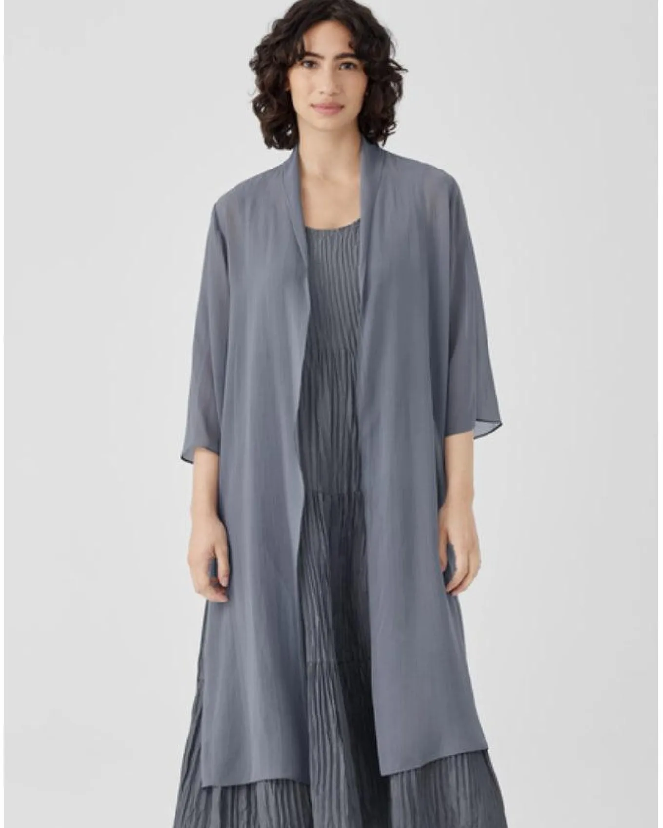 Eileen Fisher Sheer Silk High Collar Long Jacket
