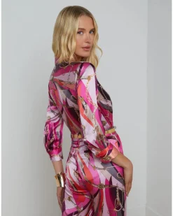 L'Agence Dani Pink Multi Buckle Swirl Print Blouse