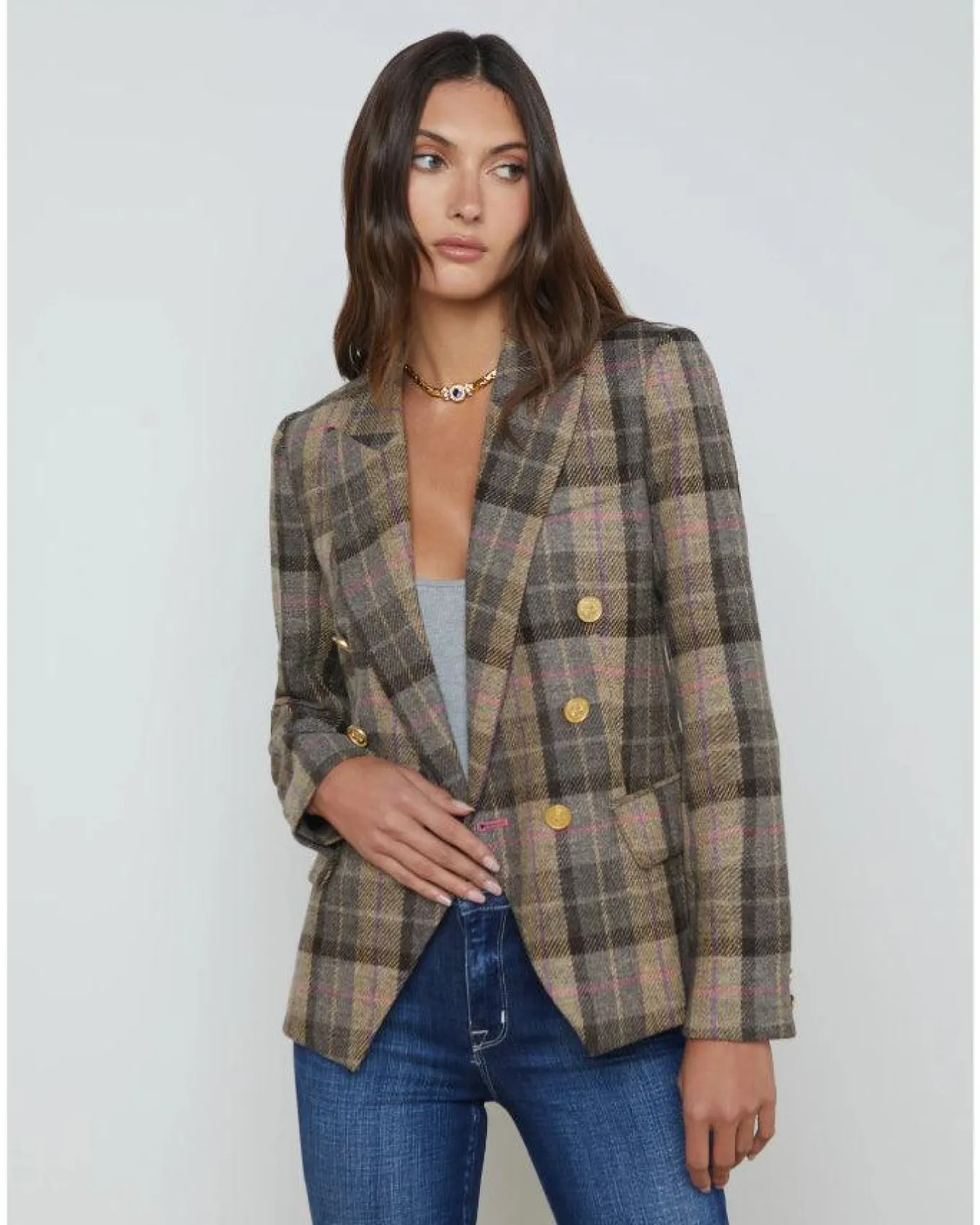 L'Agence Kenzie Plaid Double Breasted Blazer