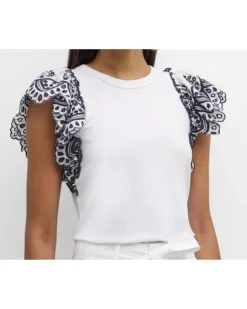 Veronica Beard Julianka Ruffle Eyelet Cap Sleeve Top